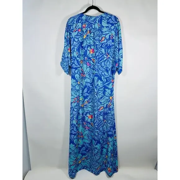 NWT Rare Lilly Pulitzer Wilda Maxi Caftan Iris Blue Mai Tai Size XS Missing Belt - Picture 8 of 11